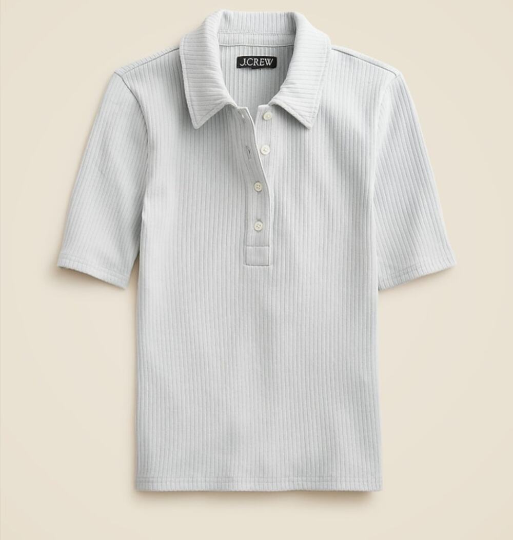 J.Crew Premium Rib Short Sleeve Polo Shirt Womens M Light Blue Collared Stretch